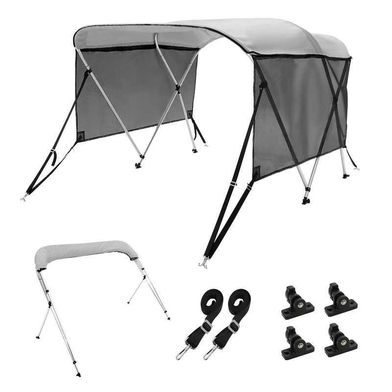 VEVOR 3 Bow Bimini Top Boat Cover, Detachable Mesh Sidewalls, 600D Polyester Canopy With 1" Aluminum Alloy Frame, Includes Storage Boot, 2 Support Poles, 2 Straps, 6'L X 46"H X 67"-72"W, Light Grey_voghion.com