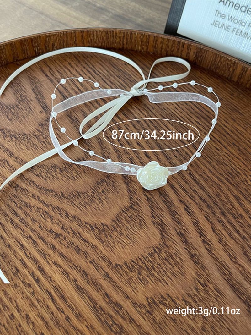 French Style White Rose Pearl Choker Necklace With Mesh Lace Double Layer Ribbon Collar_voghion.com