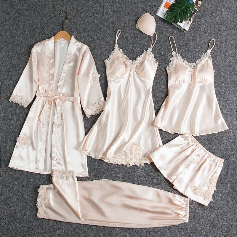 Pijamas femininos verão gelo seda sexy quente casa roupas primavera e outono manga longa fino tamanho grande cross border cinco peças terno roupão_voghion.com