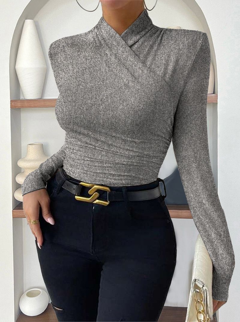 Europäischer und amerikanischer Cross Border Pullover Herbst und Winter Neues Design Sinn Kreuzkragen Langarm Schlank All Match Einfarbig Plissee T-Shirt_voghion.com