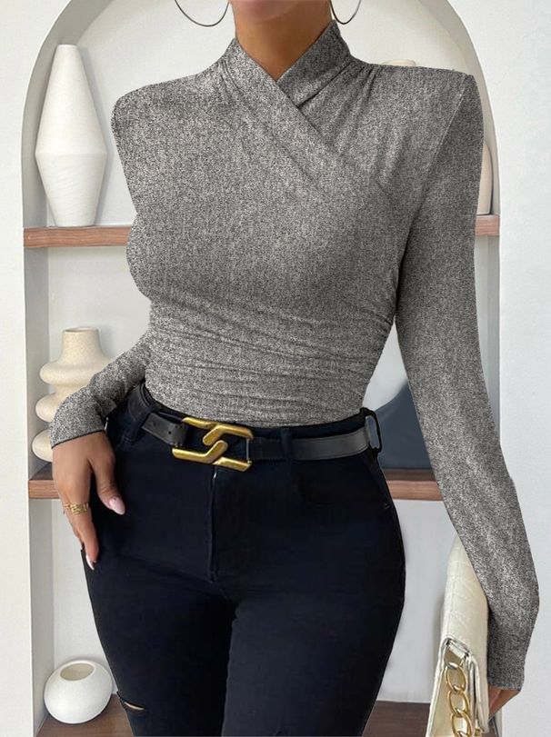 Europäischer und amerikanischer Cross Border Pullover Herbst und Winter Neues Design Sinn Kreuzkragen Langarm Schlank All Match Einfarbig Plissee T-Shirt_voghion.com