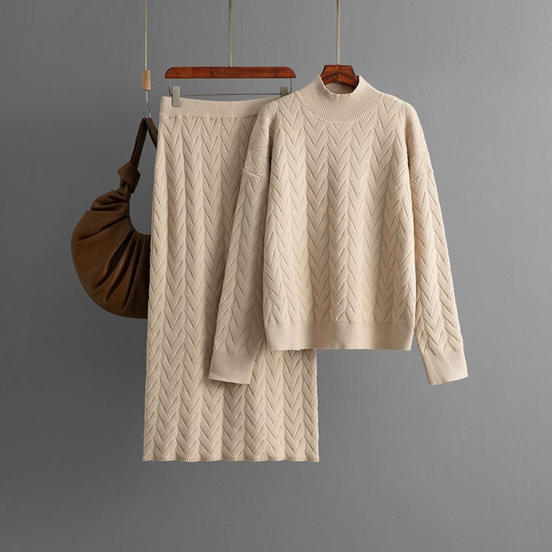 Jacquard-Strickset für Damen – Oberteil mit Rollkragen und Midirock (Einheitsgröße, Viskose-Mischgewebe, Schwarz/Beige/Khaki/Oliv/Lavendel, Herbst-Workwear-Kollektion)_voghion.com