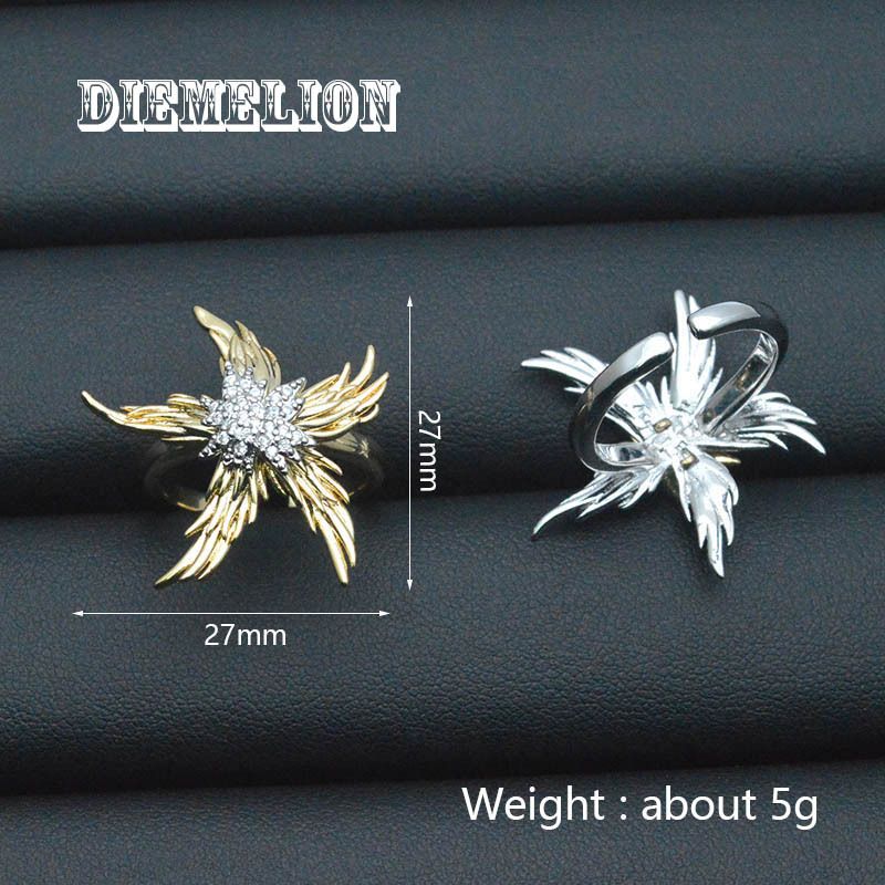 Anel aberto vintage de luxo com design geométrico exagerado em dois tons, com microcravação de zircônias e efeito flame star sea._voghion.com