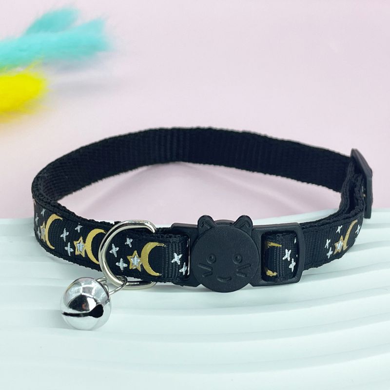 Step Into The Gold-Stamped Collar, Star Moon Face Buckle Adjustable Bell Cat Collar_voghion.com