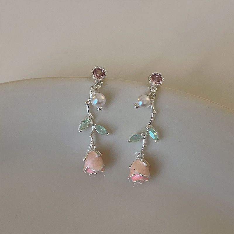 Orecchini a bottone stile fata versatili, con fiore di rosa per donna, orecchini lunghi con nappe, design sense, lusso leggero_voghion.com
