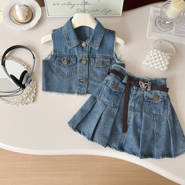 Kleinkind Mädchen Kleidung Neue Mädchen Mode Denim Ärmelloses Top Jacke Faltenrock Zwei Stück Set_voghion.com