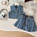 Kleinkind Mädchen Kleidung Neue Mädchen Mode Denim Ärmelloses Top Jacke Faltenrock Zwei Stück Set_voghion.com
