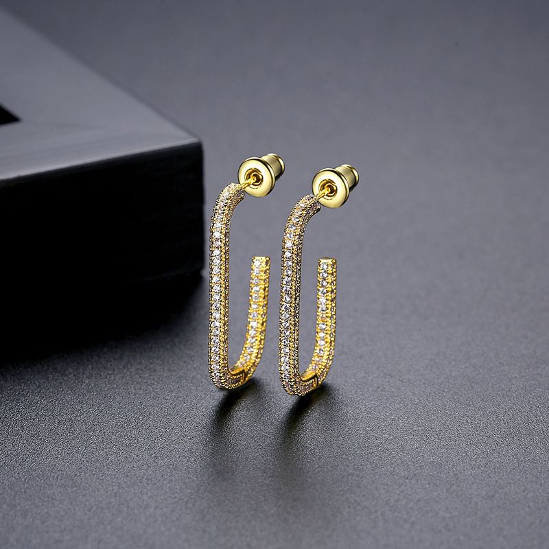 Kadın Takıları Elmas Tasarımlı Kübik Zirkonyum Küpeler, Zarif ve Şık Bir Görünüm İçin 18 Ayar Altın Kaplama U Şeklinde Kulak Klipsleri_voghion.com