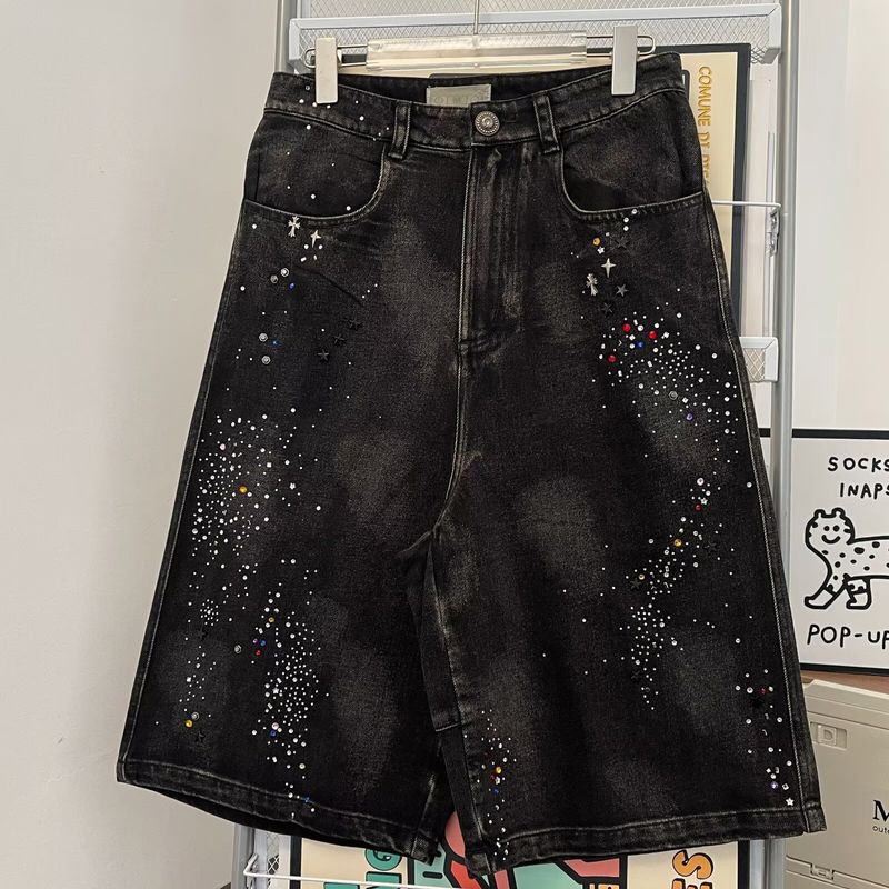 Men's Clothing New Men's Denim Shorts Black Rhinestone Jeans Streetwear Black Jeans_voghion.com