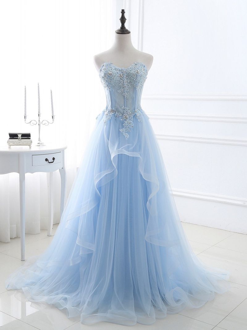 Blaues Tube-Top-Abendkleid für Studenten, Kunstprüfung, Aufführung, Abschlussfeier, Tanzparty, Temperament, jährliches Abendessen, Gastgeberkleid_voghion.com