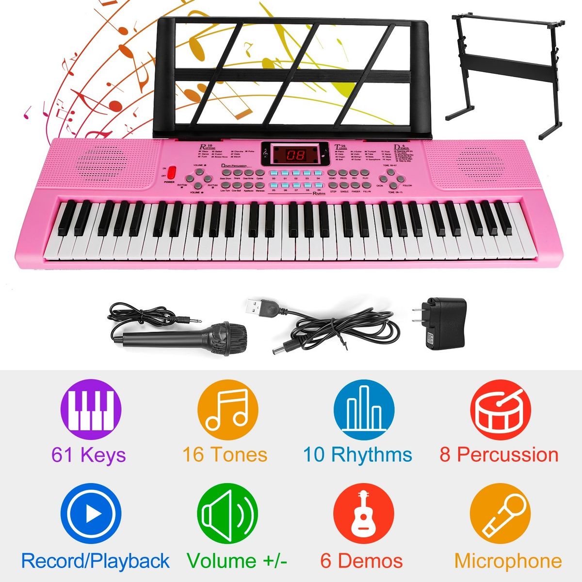61 Keys Digital Music Electronic Keyboard Electric Musical Piano Instrument Kids Learning Keyboard w/ Stand Microphone_voghion.com