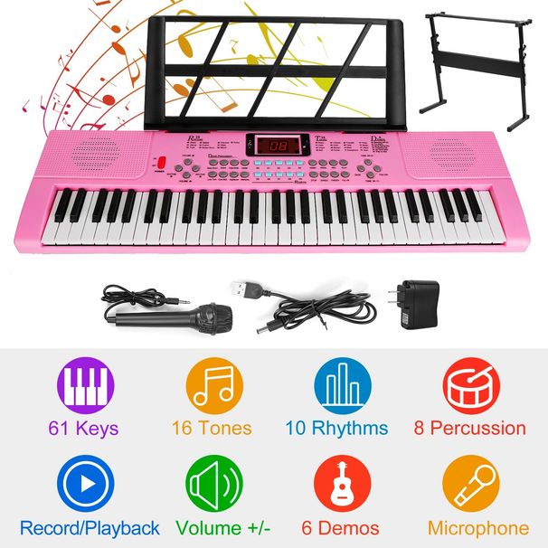 61 Keys Digital Music Electronic Keyboard Electric Musical Piano Instrument Kids Learning Keyboard w/ Stand Microphone_voghion.com