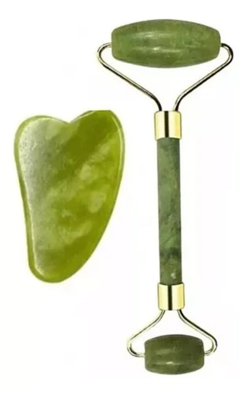 Roll Jade Stone + płytka Gua Sha Masaż Twarzy Przeciwzmarszczkowy Kolor Zielono-mech_voghion.com