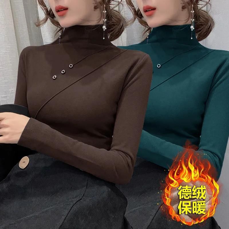 Women's velvet warm base shirt high neck with a slim-fit top_voghion.com