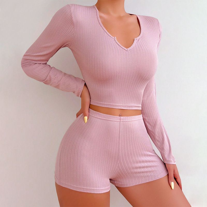 ChicShe Europäischer und amerikanischer Cross-Border-Pyjama für Damen, einfarbig, V-Ausschnitt, schmale Passform, zweiteilig, ideal als Pullover oder Homewear._voghion.com