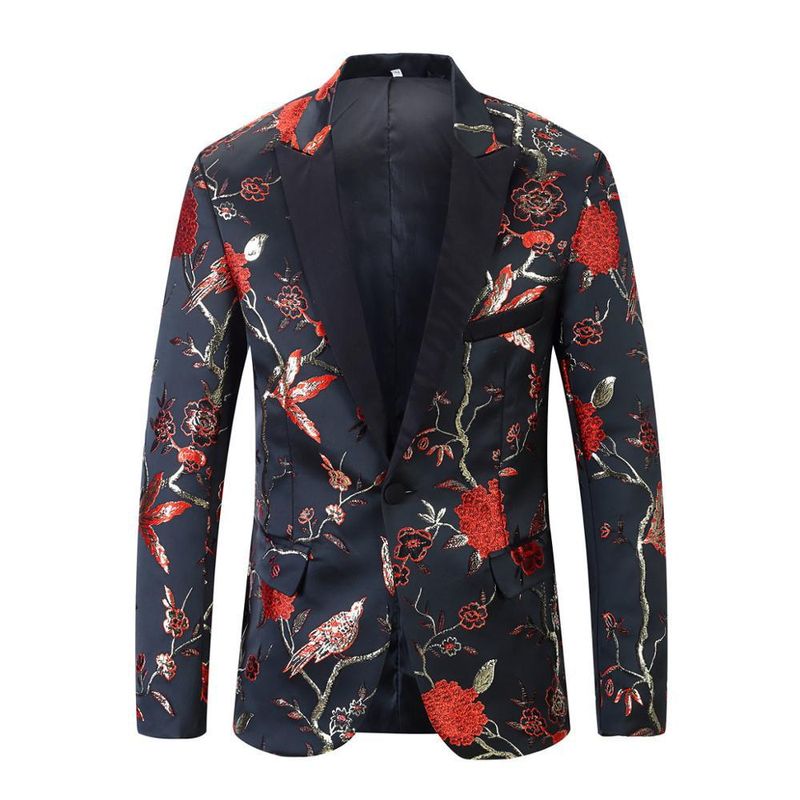 Men's printed with floral patterns, slim fit groom suit jacket, stage singer costume_voghion.com