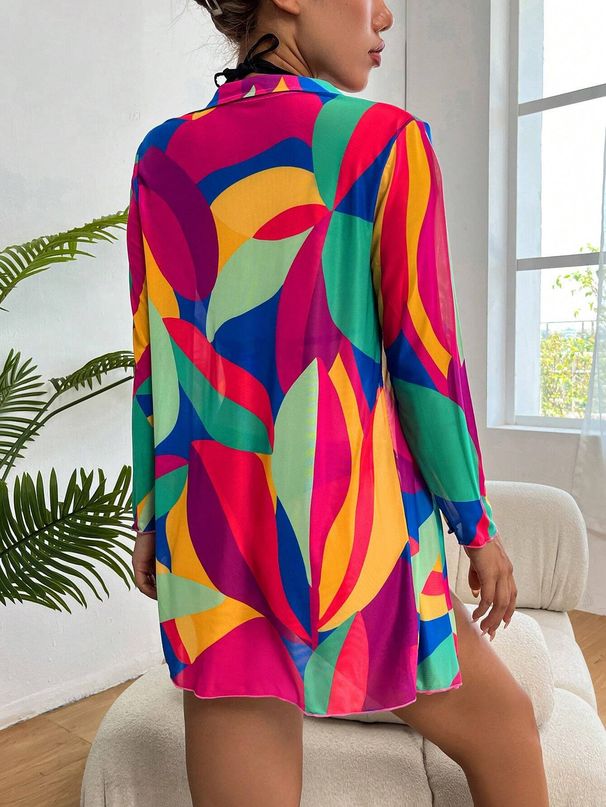 Women's irregular printing and dyeing multi-color long-sleeved long summer swimming mesh clothes_voghion.com
