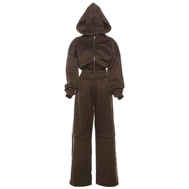 Women's Clothing Autumn And Winter New Hooded Long Sleeved Zipper Jacket Casual Loose Trousers Suit Women_voghion.com