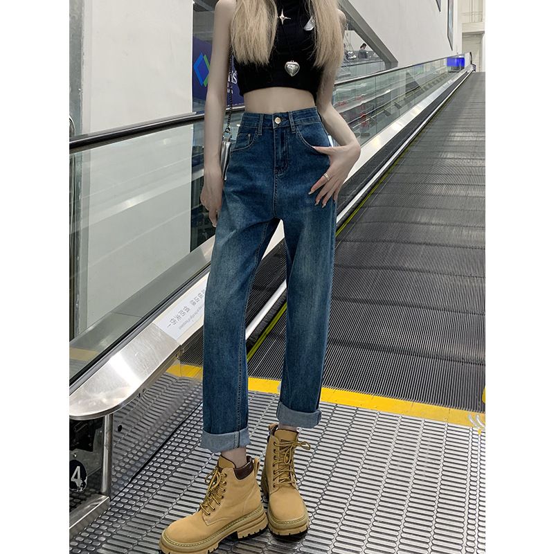 Jeans feminino de cintura alta e perna reta, tamanho grande, estilo americano, novo estilo, aparência fina e pequena, nove_voghion.com