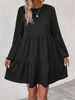 Abito corto casual autunnale a pieghe semplice, tinta unita, da donna, nero, con scollo rotondo, manica lunga_voghion.com