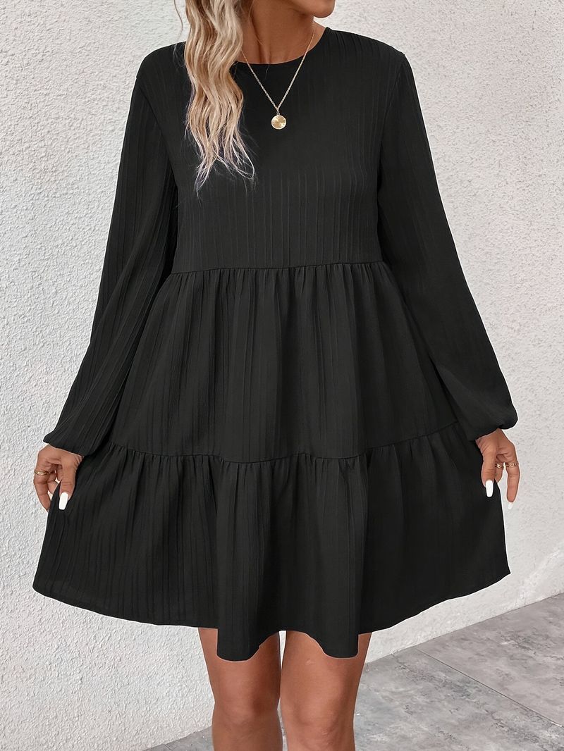 Damenbekleidung Schwarz Einfarbig Rundhals Langarm Einfach Plissee Herbst Lässig Kurzes Kleid_voghion.com