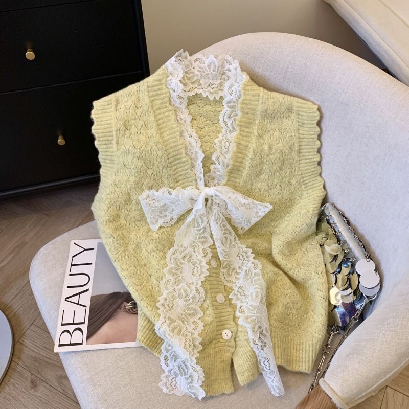 Women's Clothing V Neck Lace Bow Vest Sweater For Women New Spring And Autumn Outer Layered Sweater Vest_voghion.com
