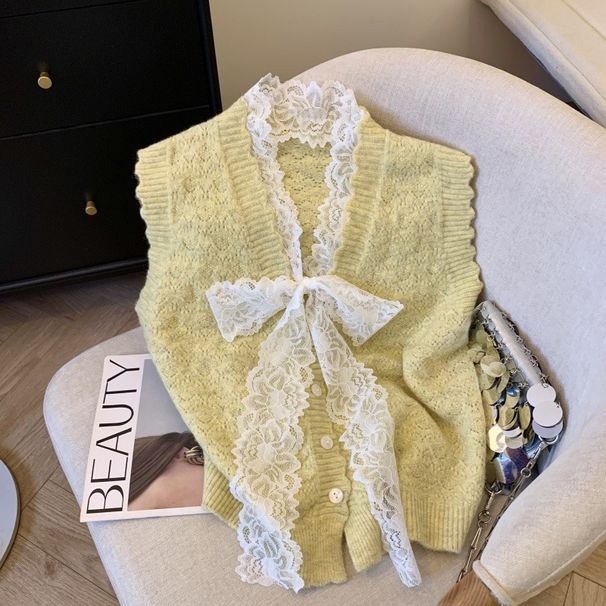 Women's Clothing V Neck Lace Bow Vest Sweater For Women New Spring And Autumn Outer Layered Sweater Vest_voghion.com