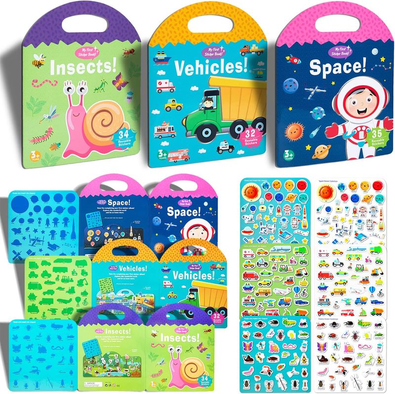 Libro de pegatinas con 3 temas, reutilizable, para niños de 2 a 4 años, lavable, para niños pequeños de 2, 3 y 4 años (espacio, vehículos e insectos), regalo de fiesta de Navidad_voghion.com