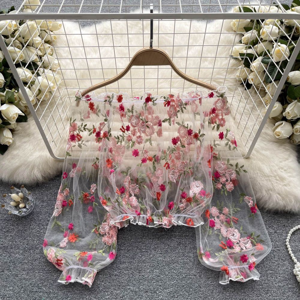 Damenbekleidung Einschultriges, durchsichtiges Hemd mit Netzstickerei für Damen im Sommer, lockere Oberbekleidung, kurze Bluse mit Puffärmeln, langärmeliges Spitzenhemd_voghion.com