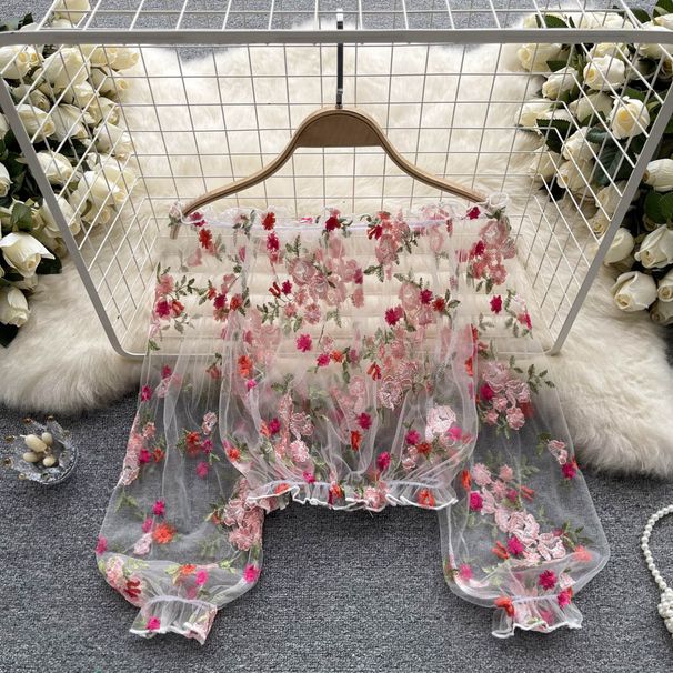 Damenbekleidung Einschultriges, durchsichtiges Hemd mit Netzstickerei für Damen im Sommer, lockere Oberbekleidung, kurze Bluse mit Puffärmeln, langärmeliges Spitzenhemd_voghion.com