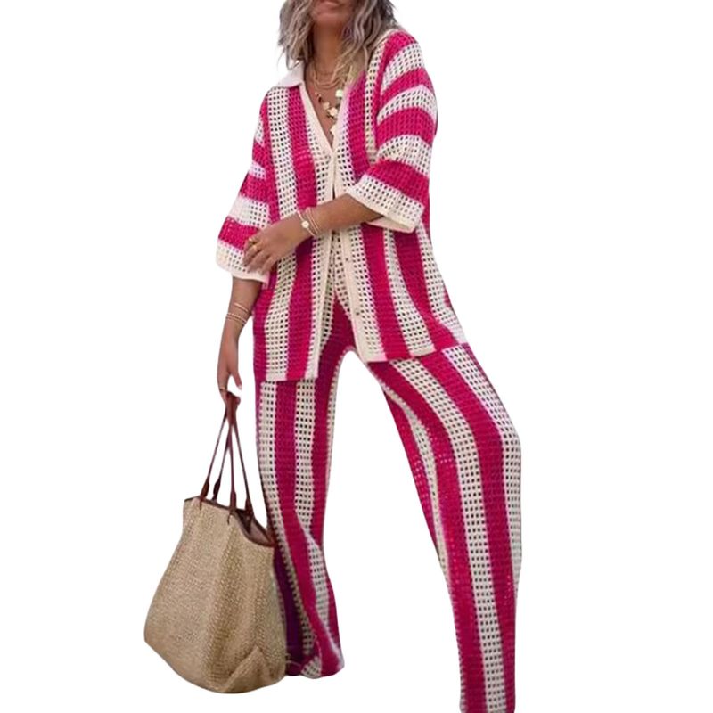 Hohl gestreiftes sexy Strickhemd-Set, Halbarm-Knopfbluse, weite Beinhose, Strand-Outfit, Patchwork, lässiger, lockerer Anzug für Damen_voghion.com