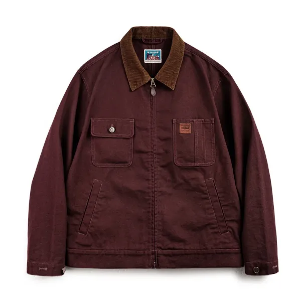 Maden Retro Heavyweight Canvas Detroit Jacket Corduroy Collar Hunting Short Zip-Up Jacket With Pockets Men's Autumn Outerwear_voghion.com