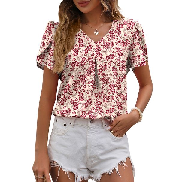 Blusa elegante informal de gasa con cuello en V y mangas abullonadas para mujer, novedad de verano de 2024_voghion.com
