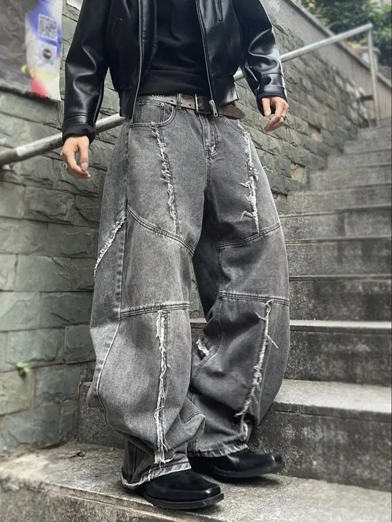 Herrenbekleidung Weite Beinhose Retro Washed Distressed Raw Edge Stitching Jeans Lose Straßenhose_voghion.com