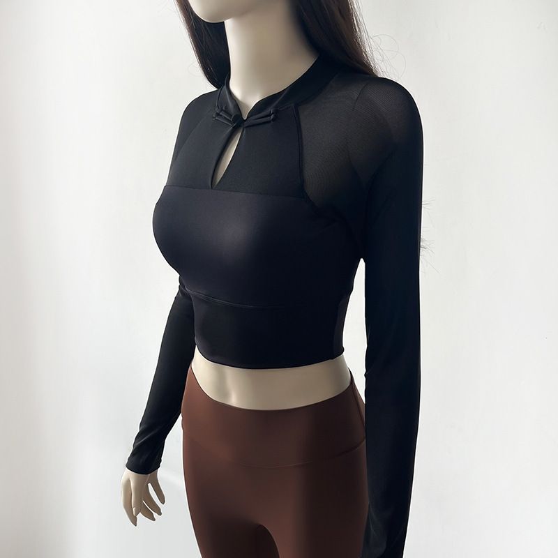 National Style Plate Buckle Yoga Top Langarm Damen Neu mit Brustpolster Sportshirt Mesh Atmungsaktiv Fitnessbekleidung_voghion.com