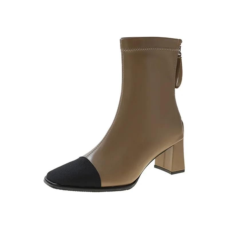 Women Korean Boots Winter High Heels Bow Square Toe Retro Ankle Boots Chunky Heels Dress Shoes Elastic Short Botas De Mujer_voghion.com