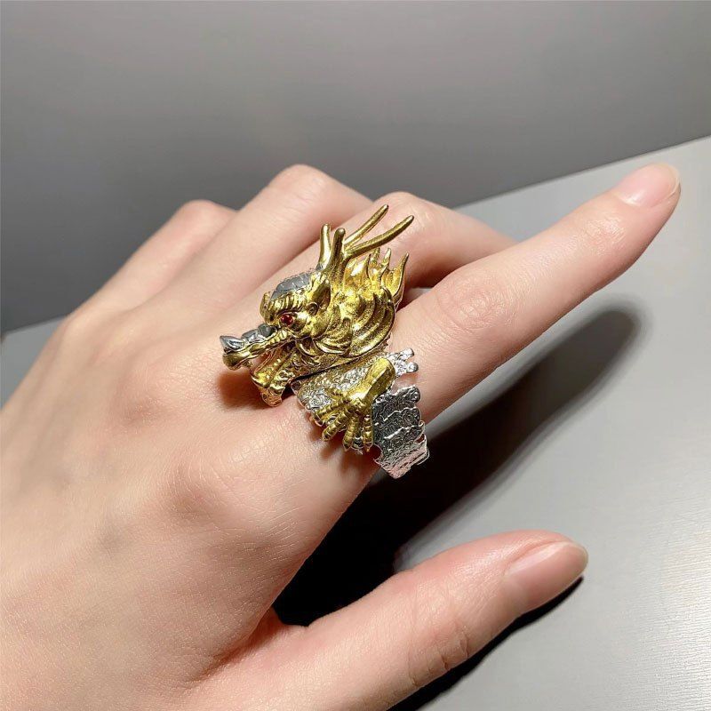 Goldfarbener Drache, offen für Männer, mutiger, modischer, trendiger Ring, Partyschmuck_voghion.com