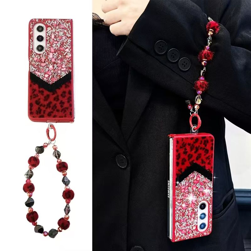 Für Samsung Galaxy Z Fold 6 5 4 3 Luxus Niedliche Diamant Kristall Bunte Leopard Stein Fell Perlenband Handgelenk Handyhülle Abdeckung_voghion.com