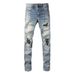 Men Leather Patches Denim Jeans Streetwear Holes Ripped High Stretch Pants Light Blue Skinny Tapered Trousers_voghion.com