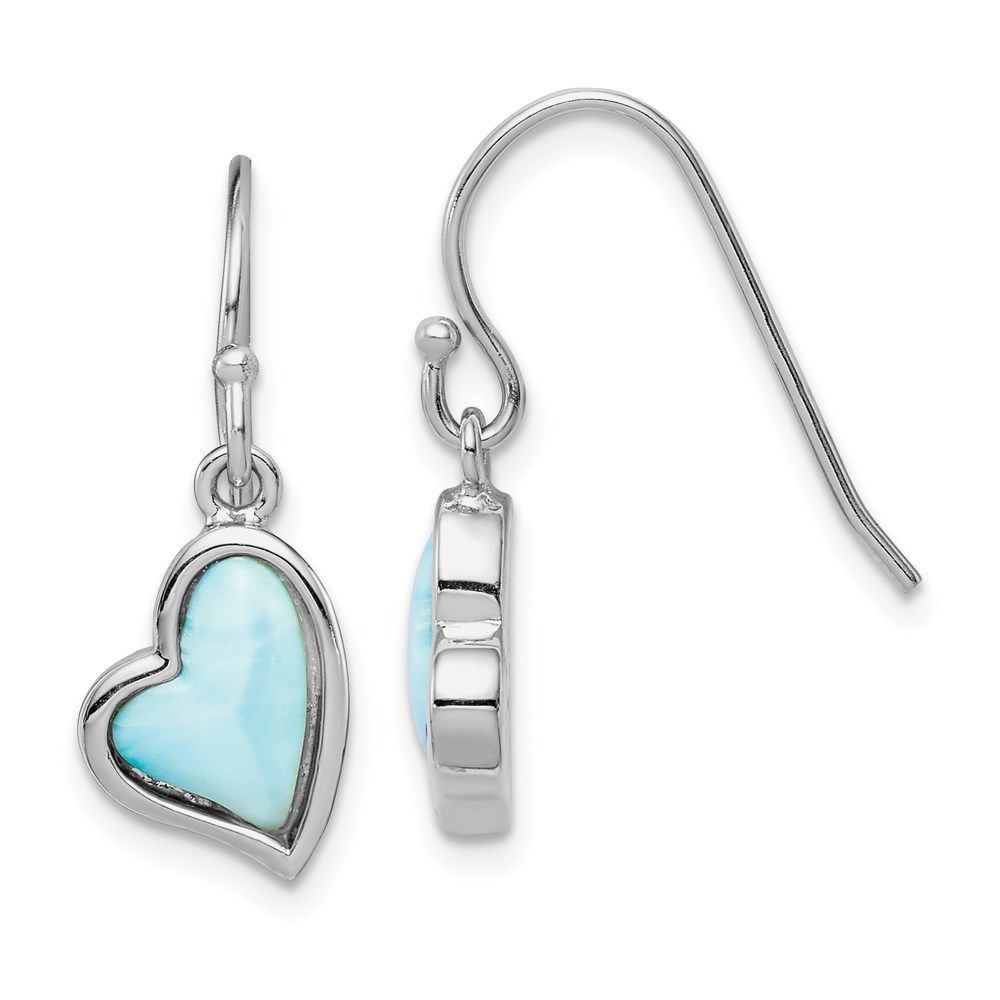 Sterling Silver Rhodium-plated Light Blue Larimar Heart Dangle Earrings_voghion.com