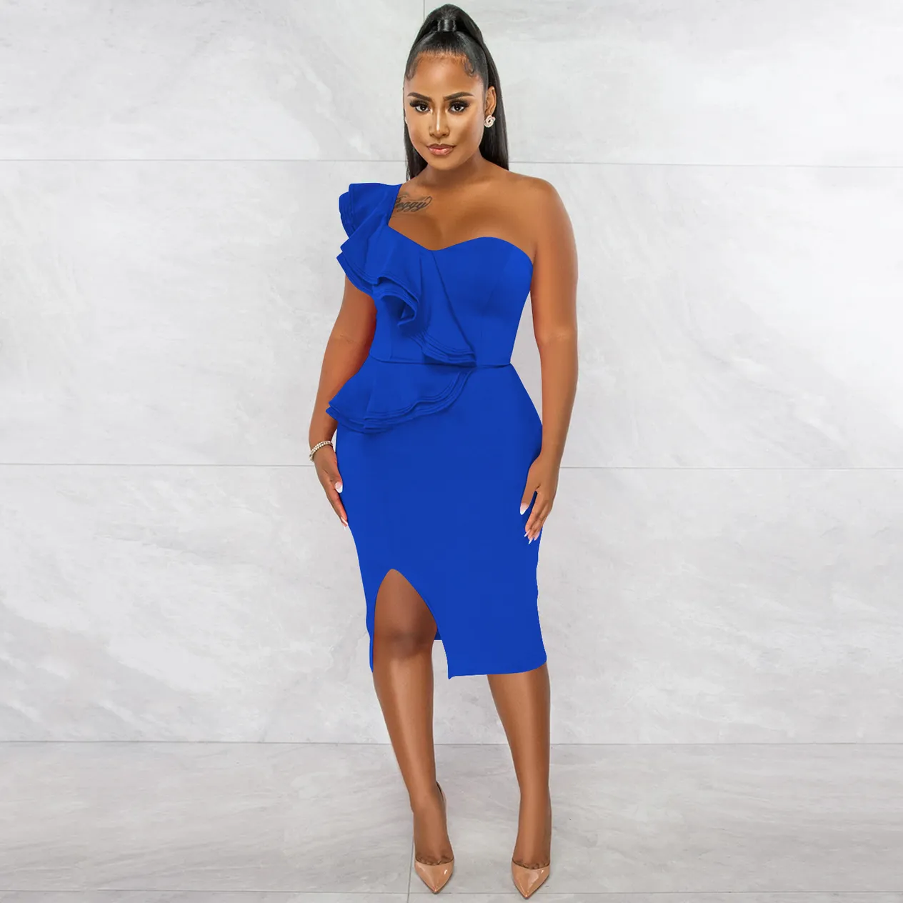 Women's Clothing fashion casual ruffled slit one shoulder sleeve dress women's clothing_voghion.com