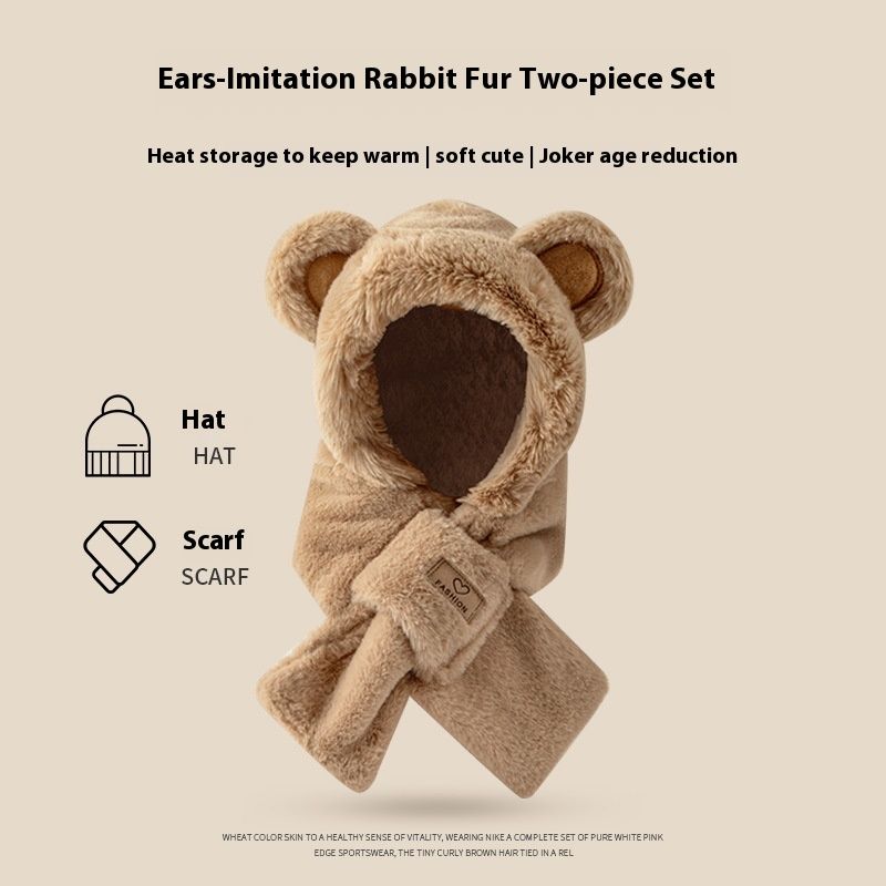 Mütze, Schal, Maske, 3-teiliges Set Herbst/Winter, süßer Cartoon-Plüsch, kleiner Bär, verdickter warmer Ohrenschutz, Kopfbedeckung_voghion.com