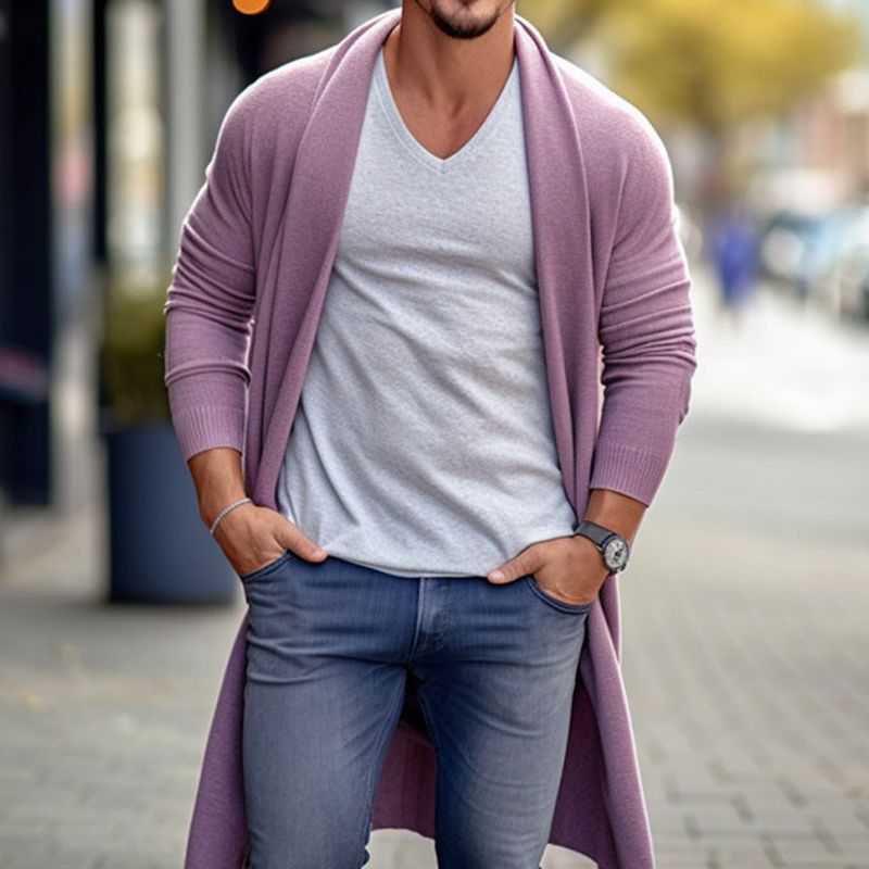 Frühling und Herbst Dünnes Strickhemd Herren Lose Lange Wollmantel SY0179_voghion.com
