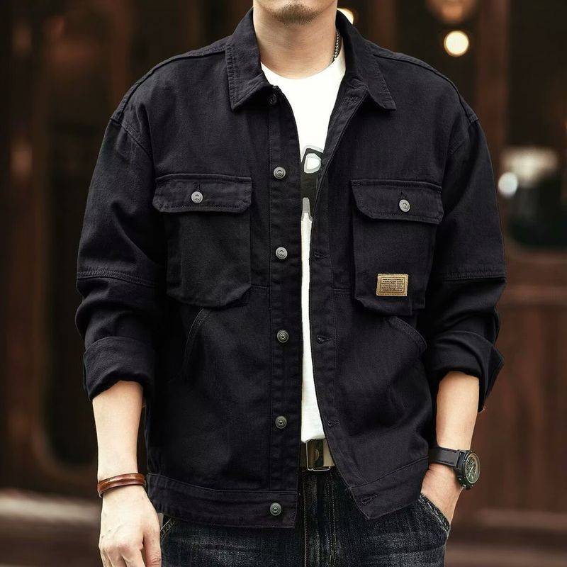 Giacca in denim vintage da uomo con fodera in pile, stile da lavoro multitasche, in cotone lavato pesante per l'inverno._voghion.com