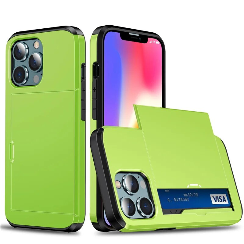 Rüstung Telefon Fall Für iPhone 15 14 13 11 12 Pro XR X XS Max 14Plus Brieftasche Rutsche Kredit ID Karte Halter Slot Coque_voghion.com