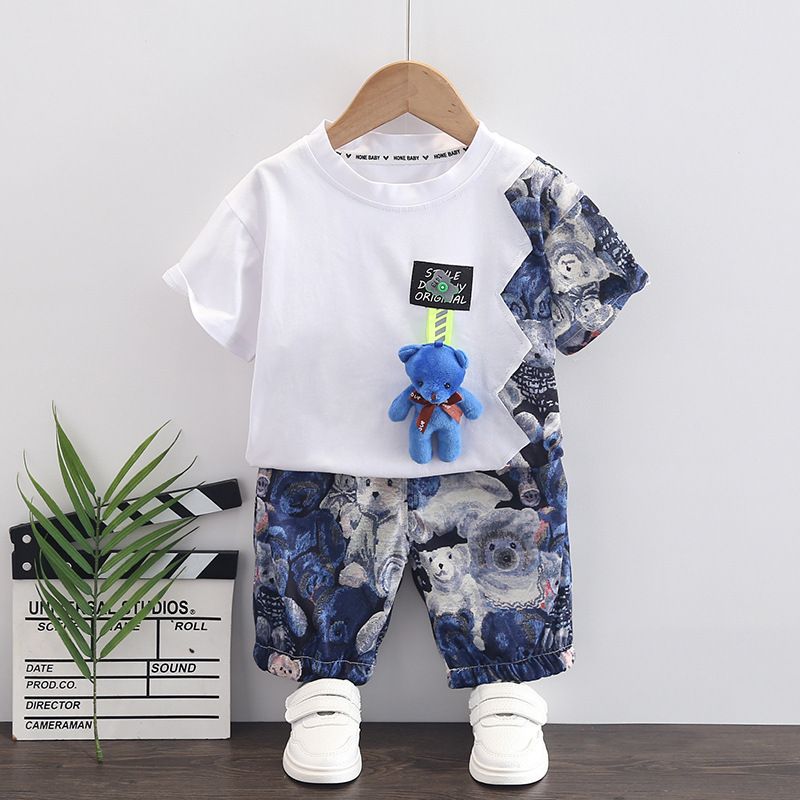 Ciondolo con orsetto per abbigliamento estivo per ragazzi Set casual coreano in due pezzi, 4 pantaloncini da 0 a 5 anni, set estivo per bambini_voghion.com