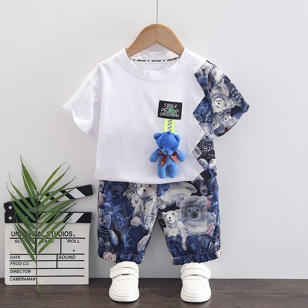 Ciondolo con orsetto per abbigliamento estivo per ragazzi Set casual coreano in due pezzi, 4 pantaloncini da 0 a 5 anni, set estivo per bambini_voghion.com