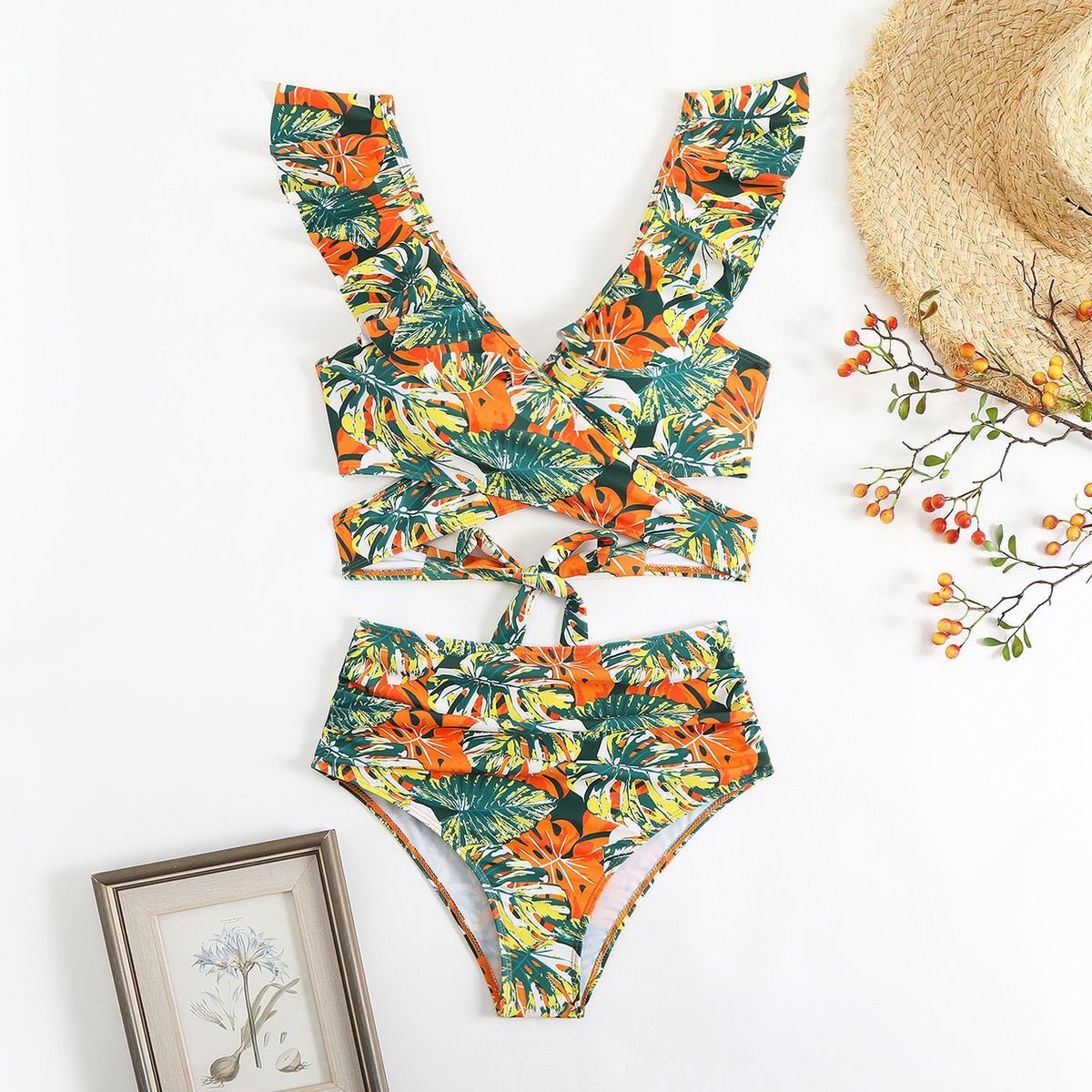 Maillot de bain deux pièces pour femme avec bretelles rotatives et imprimé floral_voghion.com