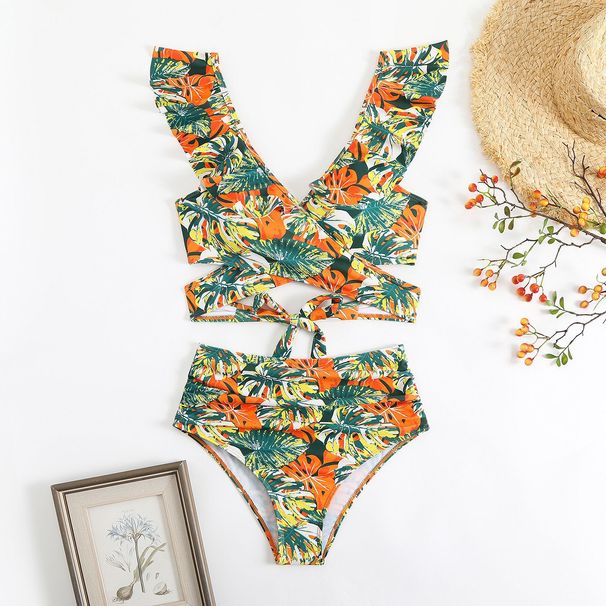 Maillot de bain deux pièces pour femme avec bretelles rotatives et imprimé floral_voghion.com