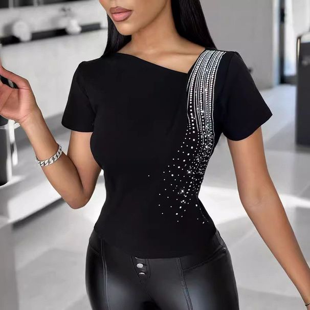 Nuova maglietta elegante con strass, strato di base estivo a maniche corte, top irregolare elasticizzato e aderente per donna_voghion.com